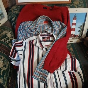 Izod Red Sweater with Striped Button-Down Shirt Set